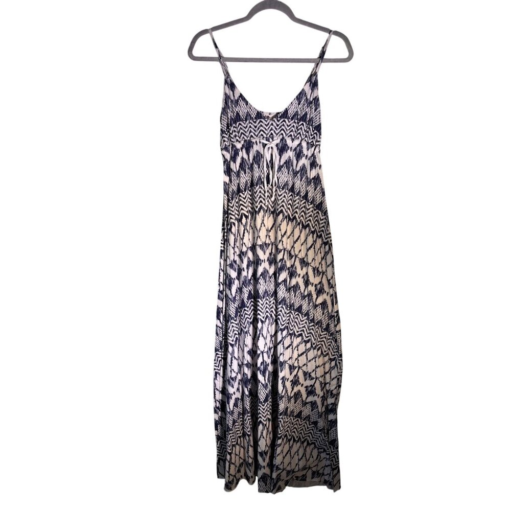 Roxy Boho Chic Navy Blue White Printed Maxi Dress Soft Stretchy Vacation Sundres